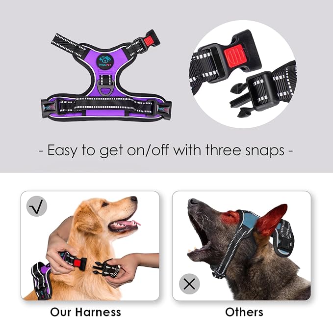 Reflective Dog Harness Large Breed Adjustable No Pull Vest | with Handle 2 Metal Rings 3 Buckles [Easy to Put on & Take off](XL, Purple)