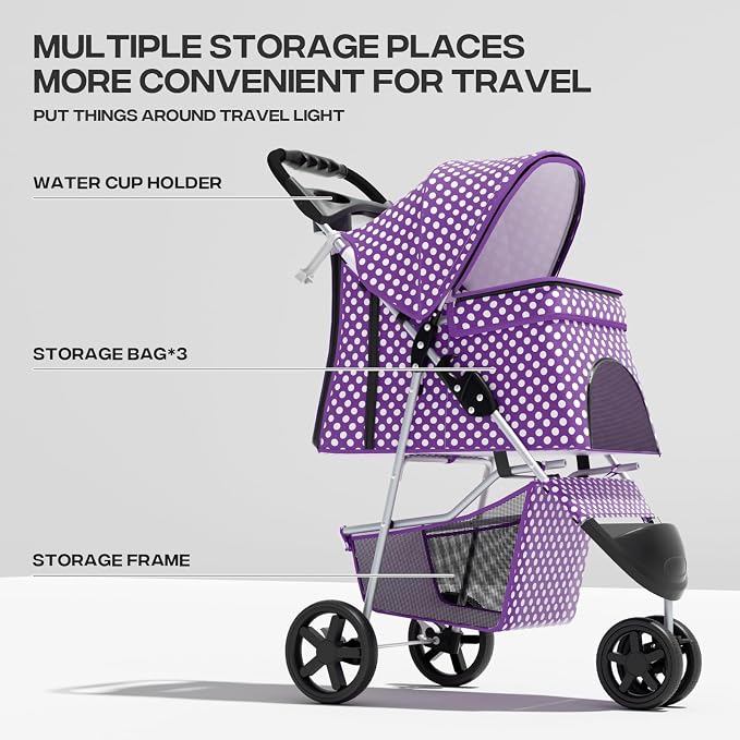 Pet Stroller for Small Dogs 10 lbs, Dog Stroller for Medium Dogs 30 lbs, Cat Strollers for 2 Cats, 3 Wheels Foldable Jogger Puppy Stroller with Storage Basket and Cup Holder, Purple Polka Dots