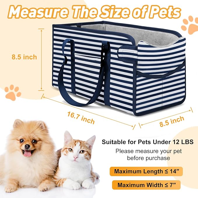 Portable Dog Car Seat for Small Dogs, Puppy Car Seat, Blue Stripes | Booster Seat With Safety Leash & Adjustable Straps Keeps Small Dogs Secure. Removable Washable Cushion. Fits Most Cars.