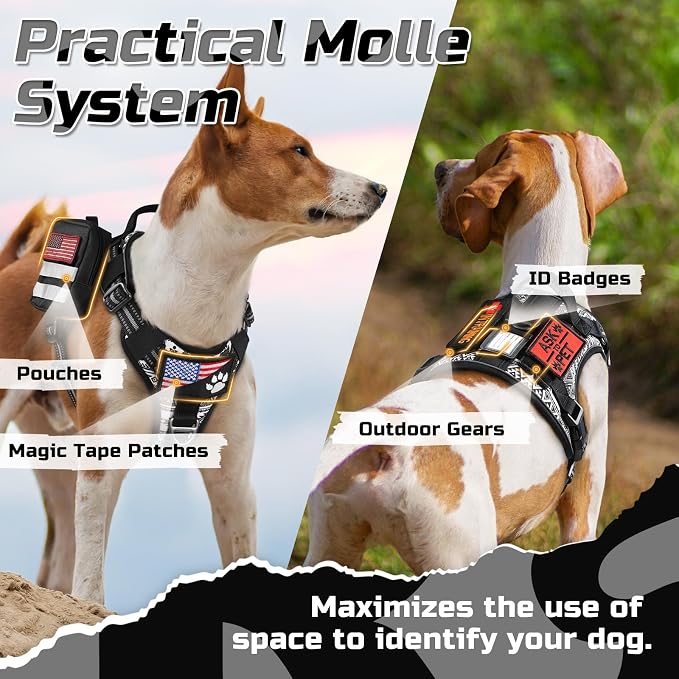 rabbitgoo Tactical Dog Harness for X-Large, No Pull Military Service Vest | Molle & Handle, Heavy Duty, Adjustable, Reflective Straps, Easy Control for Training Walking, B&W Geometric, X-Large