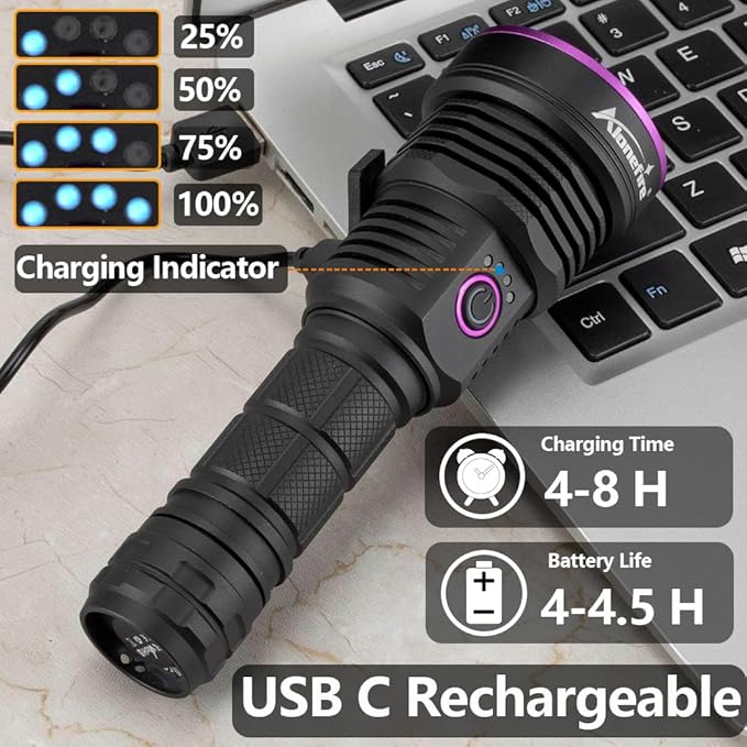 ALONEFIRE SV43 36W 365nm UV Flashlight USB C Rechargeable Ultraviolet Black Light Woods Lamp for Pet Urine Detector, Resin Curing, Scorpion, Bed Bug, Fishing, Leak with UV Protective Glasses, Battery