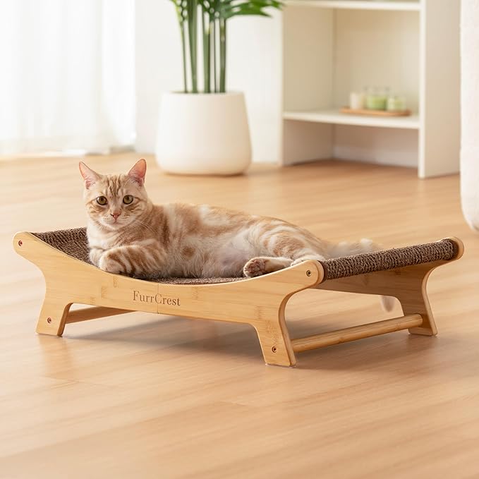 XL Sisal Cat Scratcher Bed with Elevated Hammock for Indoor Cats, Replaceable Natural Sisal Pad, Large Cat Lounge, Anti-Slip No-Wobble Bamboo Frame, Dark Brown Chevron