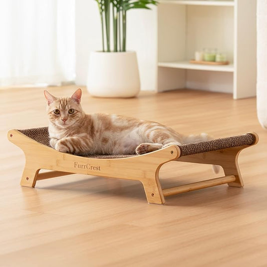 XL Sisal Cat Scratcher Bed with Elevated Hammock for Indoor Cats, Replaceable Natural Sisal Pad, Large Cat Lounge, Anti-Slip No-Wobble Bamboo Frame, Dark Brown Chevron