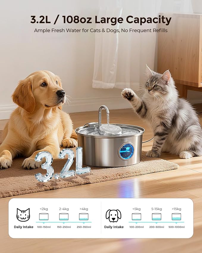 Invengo Cat Water Fountain Stainless Steel, 3.2L/108oz Pet Drinking Fountain for Cats Dogs, Automatic Cat Fountain with 2 Flow Modes, Splash-Proof Bowl, Includes 6 Replacement Filters