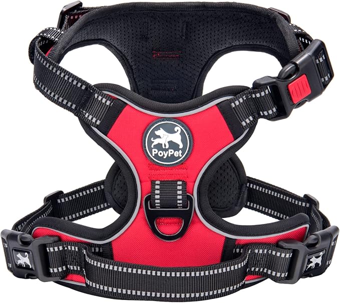 PoyPet No Pull Dog Harness Small with Front Clip & Neck Release Buckle | No Choke, Adjustable Vest, Reflective, Back Clip, Lockable, Soft Padded, Easy Control Handle for Walking Training, S, Red