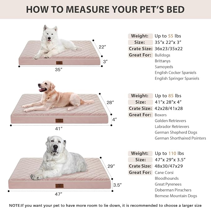 WNPETHOME Orthopedic XXL Dog Beds for Large Senior Dog Bed Comfy Sleeping | XXL Washable Waterproof Dogs Bed with Removable Cover, Multi-Needle Quilting Dogs Crate Bed for Relax , Pink 47x29 Inch