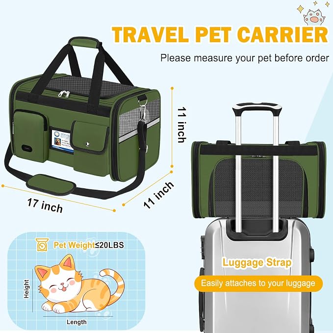 HUANLANG Cat Carrier Airline Approved,Soft-Sided Dog Carriers for Small Dogs Medium Cats,Pet Travel Carrier Up to 20 Lbs,Collapsible Cat Bag