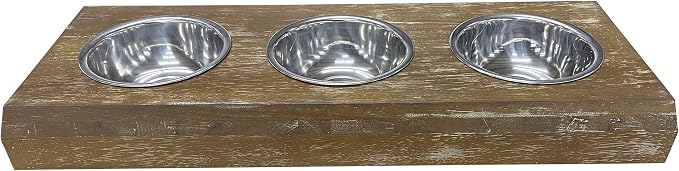 | 3 Bowl Dog Feeder - Aluminum Bowls - Washed Oak Finish - Raised Dog Feeder - 16 inch Tall - Brown