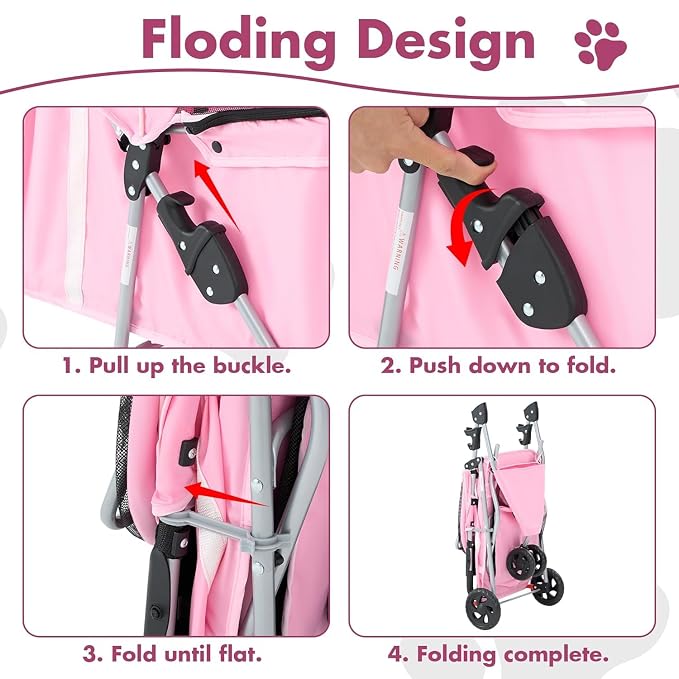 3 Wheels Pet Stroller,Storage Basket and Cup Holder, Breathable Mesh, Waterproof and Foldable for Small/Medium Dogs and Cats Strollers, Lightweight Travel Carrier for Daily Walks & Outdoor，Pink