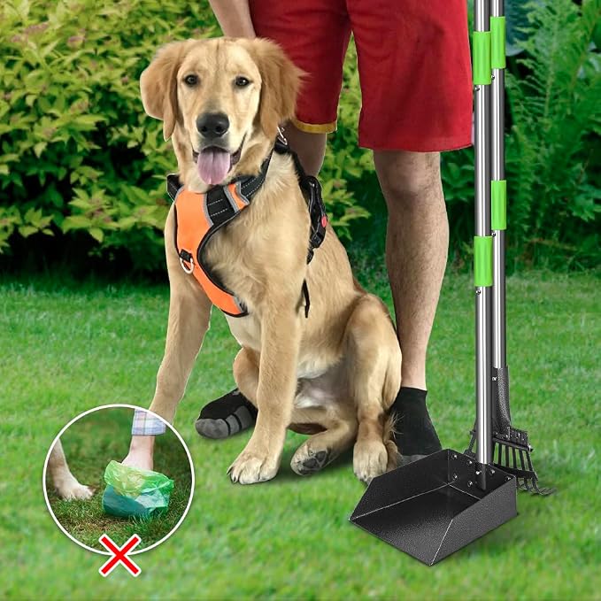 Pooper Scooper, Dog Pooper Scooper Long Handle Stainless Metal Tray and Rake for Medium Small Dogs Heavy Duty Pet Supplies to Use for Grass, Dirt or Gravel (Pack of 2)