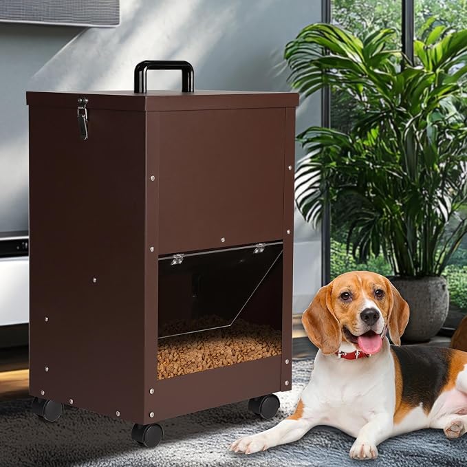45Lbs Automatic Dog Feeder Large Breed, Easy to Move with Wheels | Large Capacity Outdoor Gravity Dog Feeder, Galvanized Metal Self Feeding Dog Food Dispenser with Clear Door