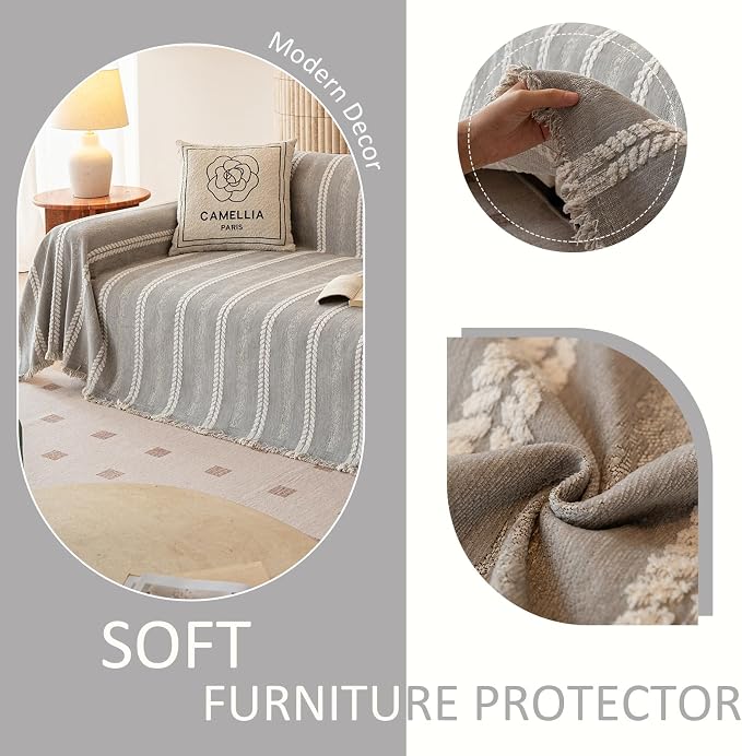 VClife Chenille Sofa Cover Bohemian Striped Pattern Couch Cover for 2 Cushion Sofa - Gray Creamy White Textured Sofa Slipcover Washable Furniture Protector for Couch Decorative Couch Cushion Cover