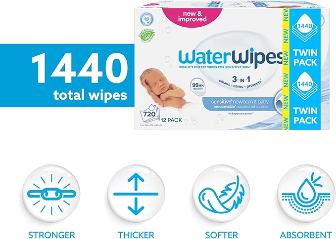 WaterWipes Sensitive+ Newborn & Baby Wipes,3-In-1 Cleans,Cares,Protects,99.9% Water,Unscented & Hypoallergenic,1440 Total,60 Count (Pack of 24)