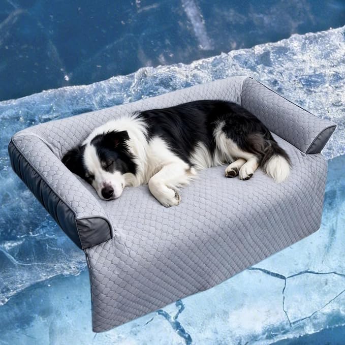 GGIB Cooling Dog Bed Mat with Bolster Pillow Washable Dog Couch Cover Breathable Summer Pet Couch Bed Protector Indoor(Large, Cooling Grey)