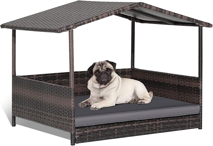 Tangkula Wicker Dog House, Indoor Outdoor Raised Rattan Dog Bed w/Removable Cushion, Washable Cover, Weatherproof Roof, Rattan Puppy Shelter w/Elevated Floor for Small Medium Dogs (Grey)