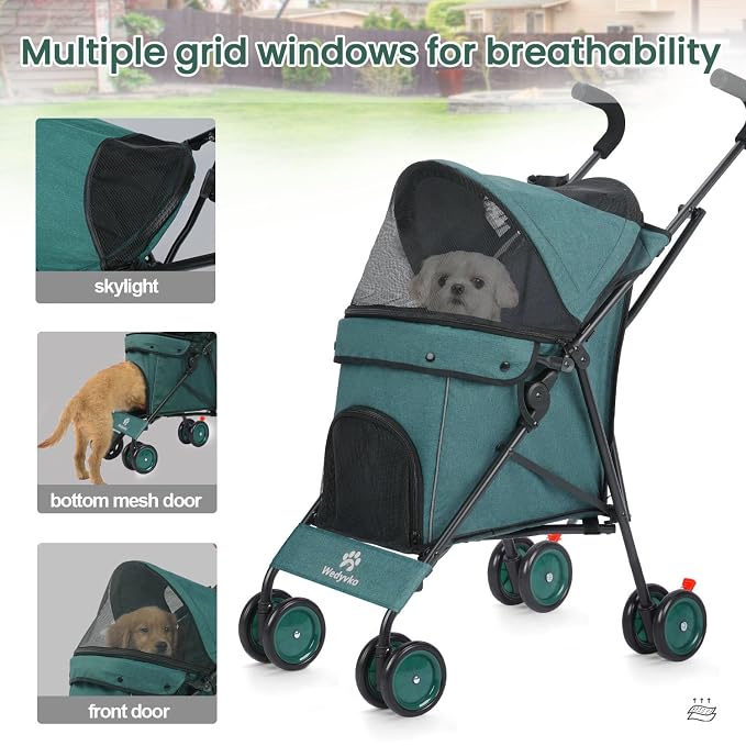 3 in 1 Pet Stroller for Small Dogs and Cats, Foldable Pet Stroller with Adjustable Handle, 6 Wheels, Breathable Mesh, Large Capacity, Easy to Carry, Green (Dark Green B)
