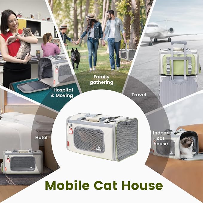 Pawaii Cat Carrier with ID Tag, TSA Airline Approved Soft Sided Collapsible Pet Travel Carrier, Portable Comfortable Convenient Foldable Cat Travel Bag | Up to 13 lbs, 16.9 x 10.6 x 10.6 in, QR pet ID tag, top entry, luggage sleeve, soft fleece pad, fo...