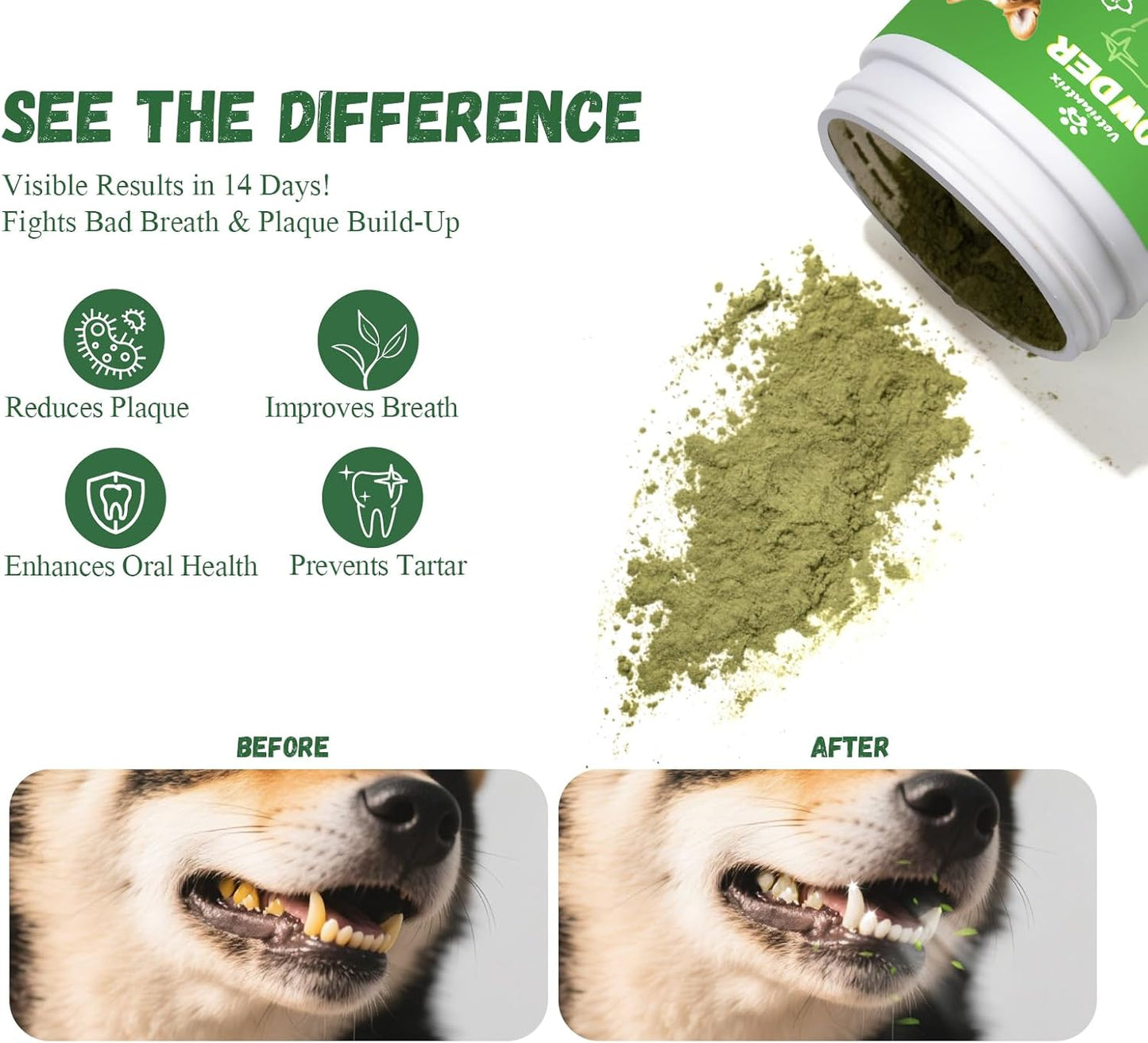 Dog Dental Care Powder - Plaque & Tartar Control with Natural Enzymes, Teeth Cleaning Powder for Dogs with Probiotic, Bad Breath Treatment for Small Medium Large Dogs