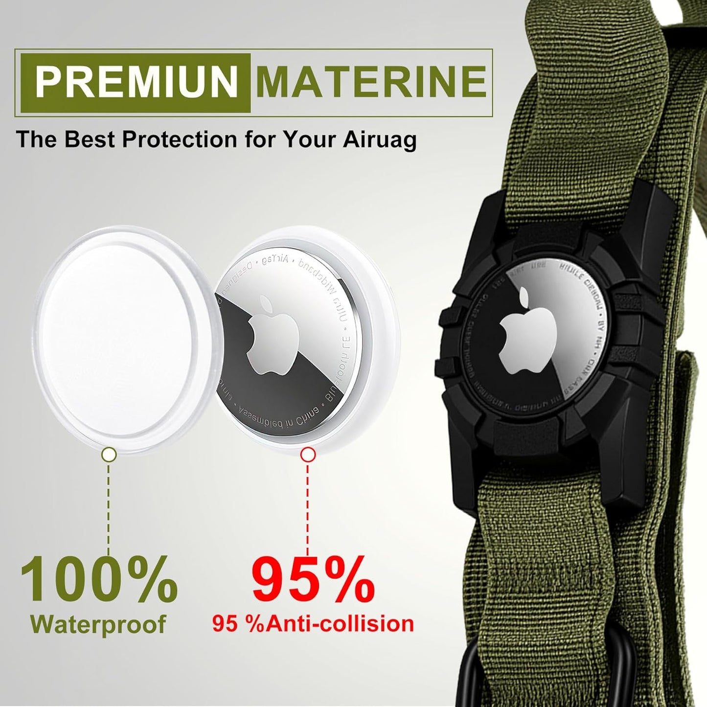Tactical AirTag Dog Collar - Heavy Duty, Adjustable GPS Collar Compatible with Apple AirTag, with Holder & Control Handle for Medium/Large Dogs [ Green, L ]