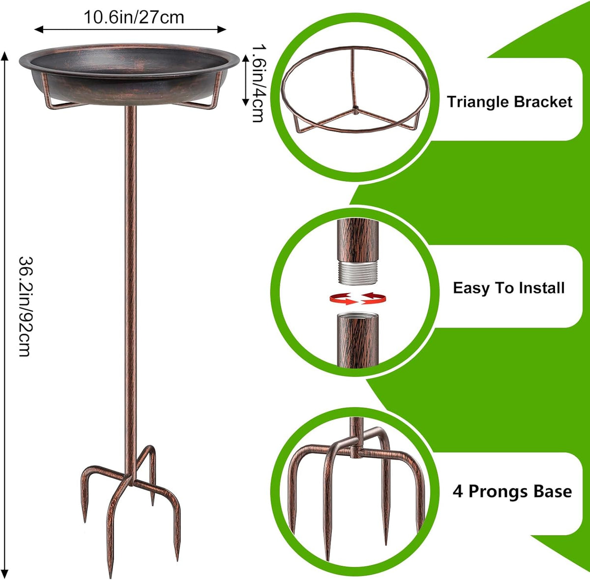 Metal Bird Bath for Outside Garden Birdbath Bowl, 36.2" Height Freestanding Bird Feeders for Outdoors with 4 Prongs Base Stake, Standing Birdfeeders for Yard Lawn Decor (Retro Copper)