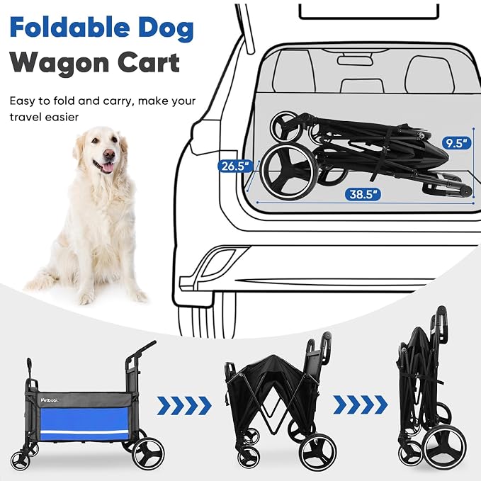 Petbobi Dog Wagon for Large Dogs, Push & Pull Foldable Pet Cart with Ramp | Fits Medium & Heavy Breeds Up to 80 lbs, 360° Swivel Stroller Wheels, Adjustable Handle, Foot Brake, Safety Leashes, Blue