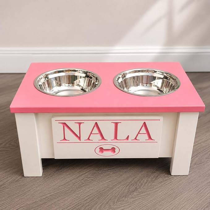 Elevated Dog Bowls, Personalized Raised Dog Bowl Stand for Medium Dogs | Farmhouse Style, Elevated Wood Stand, Storage Container, Stainless Steel Bowls, Raised Anti-Slip Feeder, Made in USA