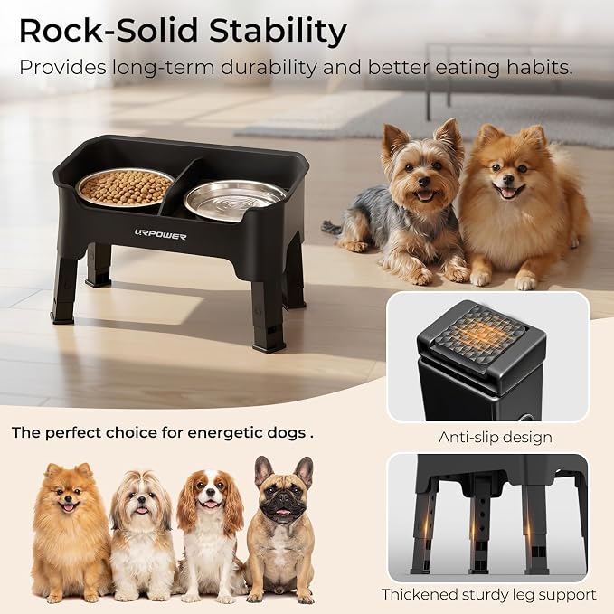 URPOWER Mess Proof Elevated Dog Bowls, Splash Guard Raised Bowl Stand | 4 Adjustable Heights, 2 Stainless Steel Bowls, Food & Water Separation, Non-Slip Base, Foldable Design for Small Dogs