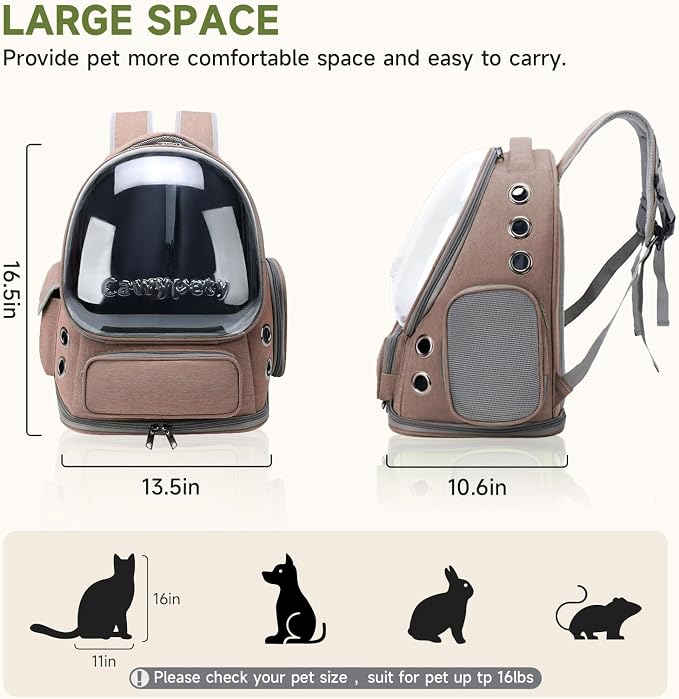 Cawypety Cat Backpack Carrier, Breathable Cat Carrier Large Space Bubble Pet Backpack for Kitty Small Dog up to 15lbs, Transparent & Foldable Pet Carrier for Travel Hiking
