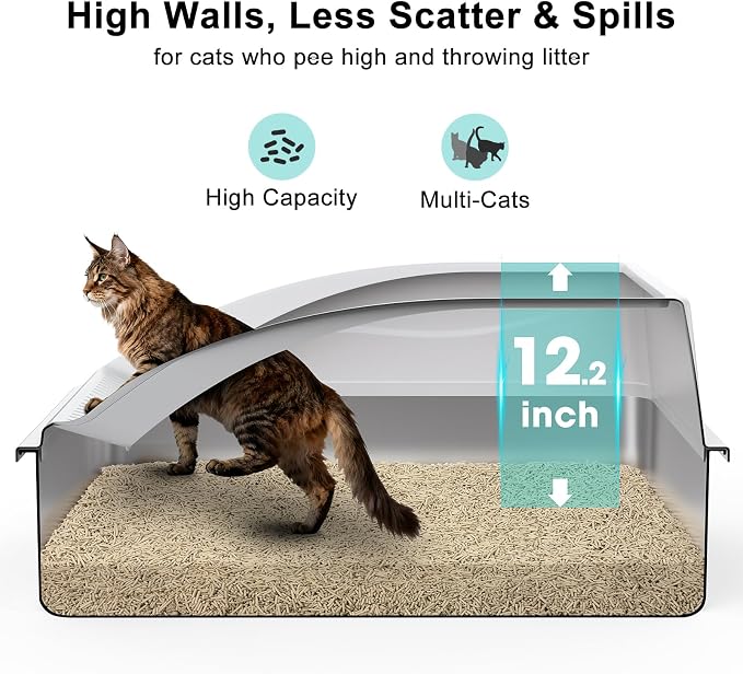 AIPERRO Stainless Steel Litter Box Extra Large for Big Cats and Multi-Cats | Jumbo Extra Large Metal Cat Box with High Sided Lid, Anti-Urine Leakage, Non-Stick,Include Litter Scoop
