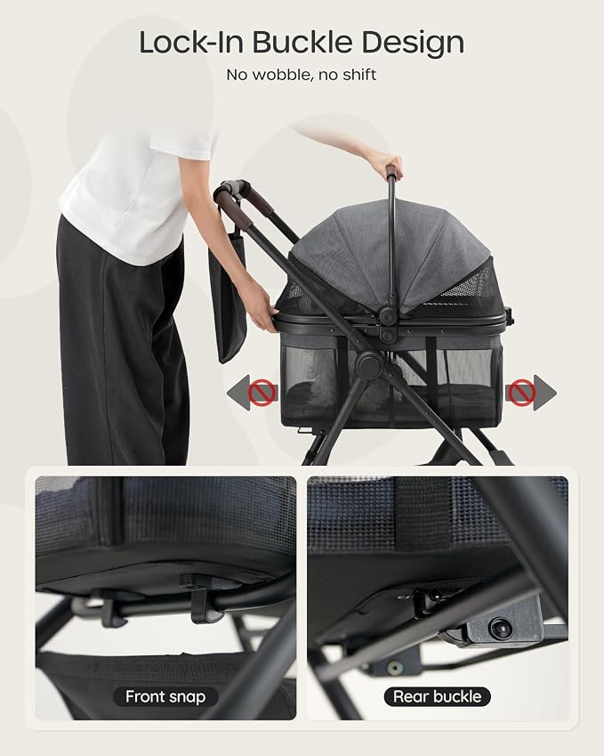3 in 1 Pet Carrier Stroller with Detachable Carrier, Foldable Dog & Cat Stroller for Small/Medium Dogs up to 33 lbs, Large Storage Bag, Full Window Mesh, One-Touch Dual Brake, Car Seat