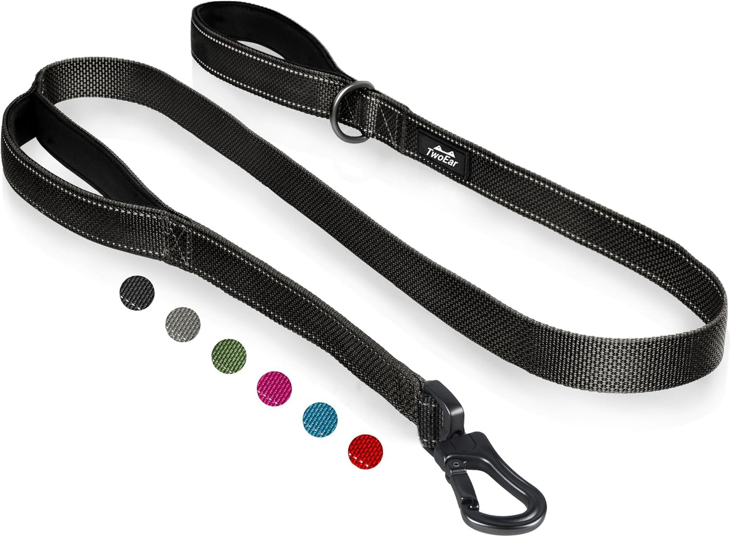 TwoEar 6FT 1IN Strong Black Dog Leash with 2 Padded Handles, Traffic Handle Extra Control, Comfortable Soft Dual Handle, Auto Lock Hook, Reflective Walking Lead for Small Medium and Large Dogs