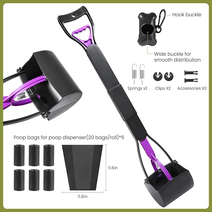 32in Dog Pooper Scooper with Bag Attachment, Foldable Long Handle | Thickened ABS dog scooper for large dogs. Features curved grip, jagged teeth, 120 bags, clip & extra 2x springs/buckles.