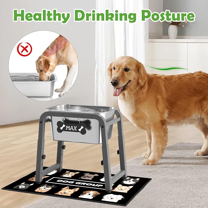 1.85 Gallon Elevated Dog Water Bowl, Height Adjustable (10.4–15.2'') Raised Stainless Steel Bowl with Spill-Proof Mat & Sturdy Metal Stand, Tip-Proof, Easy to Clean, Indoor & Outdoor Use