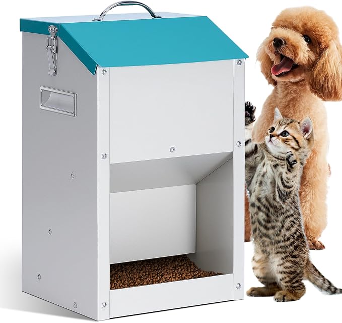 Automatic Cat Feeder Outdoor 59cups/14L Automatic Dog Feeder | Gravity Cat Food Dispenser with Storage, Galvanized Pet Feeding Station, Indoor and Outdoor Use, Wall Mountable