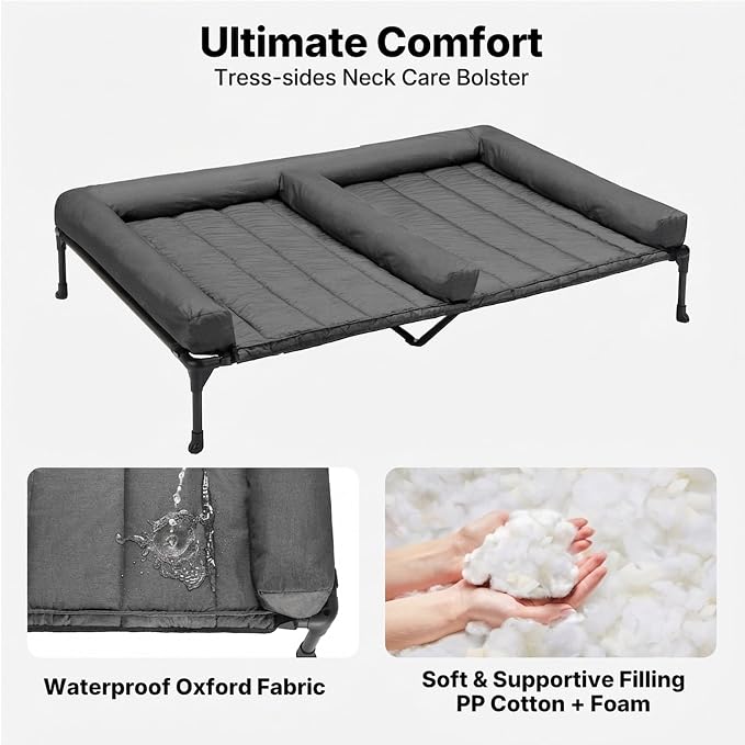 Veehoo Elevated Dog Bed for 2 Dogs, Cooling Raised Dog Bed with Bolster Mat | Outdoor Double Dog Bed with Removable Waterproof Cushion, Breathable Mesh, Non-Slip Feet for Outdoor & Indoor, 49", Bicolor