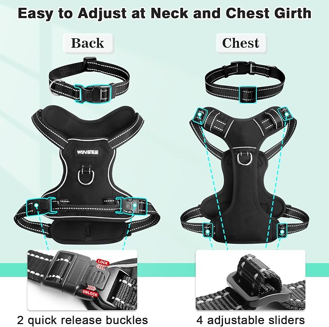 Dog Harness No Pull, Pet Harnesses with Dog Collar, Adjustable Reflective Oxford Outdoor Vest, Front/Back Leash Clips for Small, Medium, Large, Extra Large Dogs, Easy Control Handle for Walking