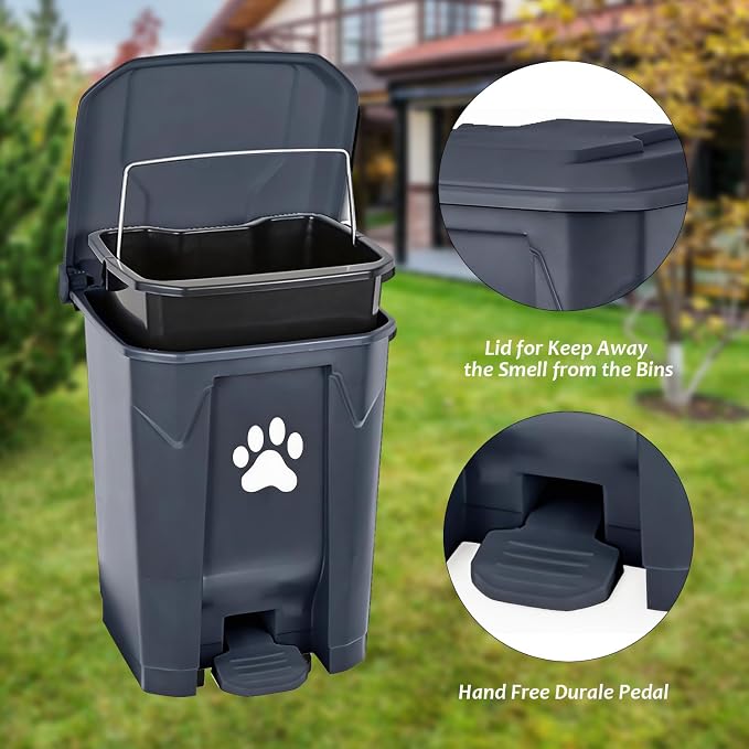 Outdoor Trash Can Dog Poop Bin Dog Waste Trash Can Pet Outside Garbage Can | Dog Poop Trash Can With Lid Outdoors Pet Waste Station Dog Disposal Container Garden Yard Home Bin Bucket & Waste Bags, Grey