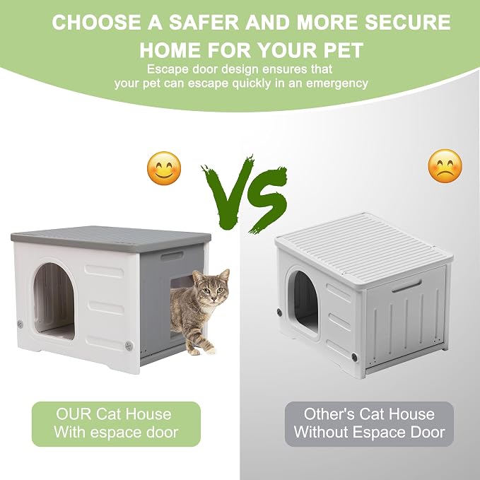 Waterproof Cat House for Outdoor Cats, Plastic Feral Cat House | with Escape with Escape Door and Soft Mat, Indoor Cat Shelter for Mutiple Cats - Grey