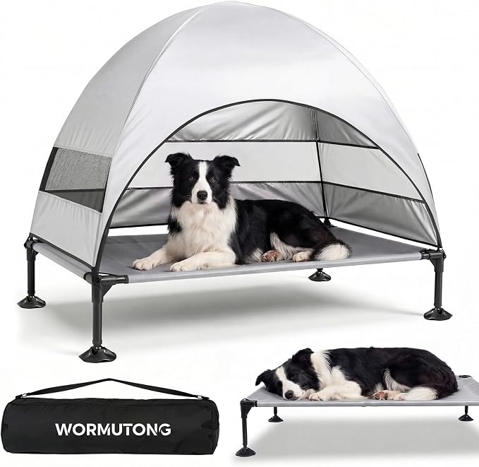 Elevated Outdoor Dog Bed with Canopy, Raised Dog Cot with Stable Adjustable Feet, Dog Camping Bed with Larger Shade, Lifted Dog Tent Bed with Canopy for Outside