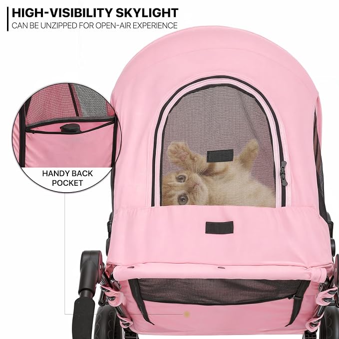 MoNiBloom Pet Stroller for Large Dogs or Dogs Cats up to 55 lbs, Pink | with Adjustable Handle, 3-Wheels Dual Entry Portable Dog Carting Easy Folding Pet Wagon Double Multiple Dog Stroller