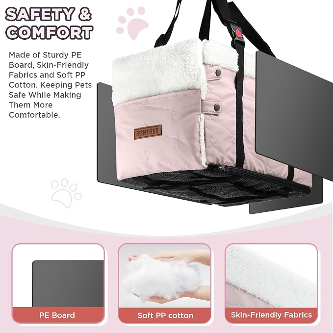 Center Console Dog Car Seat for Small Dogs,PU Leather Small Dog Car Booster Seat,Washable Foldable with Safe Protection Hooks Adjustable Straps and Storage Pocket Pet Up to 15lbs-Pink