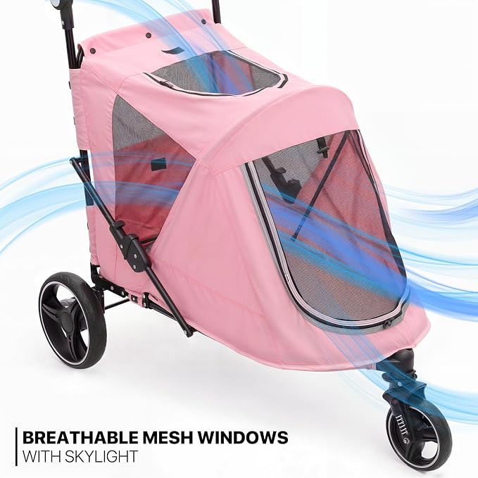MoNiBloom Pet Stroller for Large Dogs or Dogs Cats up to 55 lbs, Pink | with Adjustable Handle, 3-Wheels Dual Entry Portable Dog Carting Easy Folding Pet Wagon Double Multiple Dog Stroller