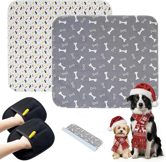 2PC Puppy Pads with Pheromones, Washable Puppy Pee Pads for Dogs Reusable Puppy Pads for Dogs and Cats - Leak & Odor Proof, Non-Slip Base Training Pads for Home & Travel(with Pet Hair Removal Gloves)