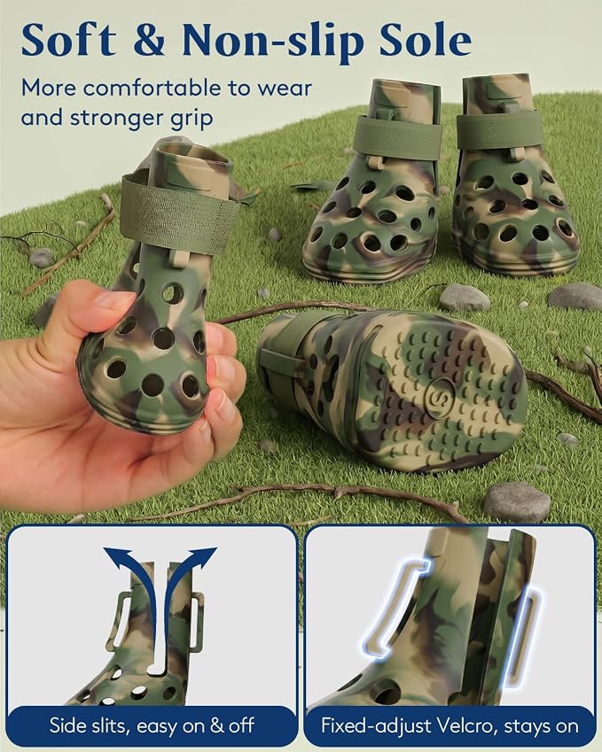 Dog Shoes for Hot Pavement, Breathable Dog Boots Paw Protectors with Adjustable Straps & Non-Slip Sole, Easy On & Off, Waterproof, Easy-Cleaning (Camouflage, XS)