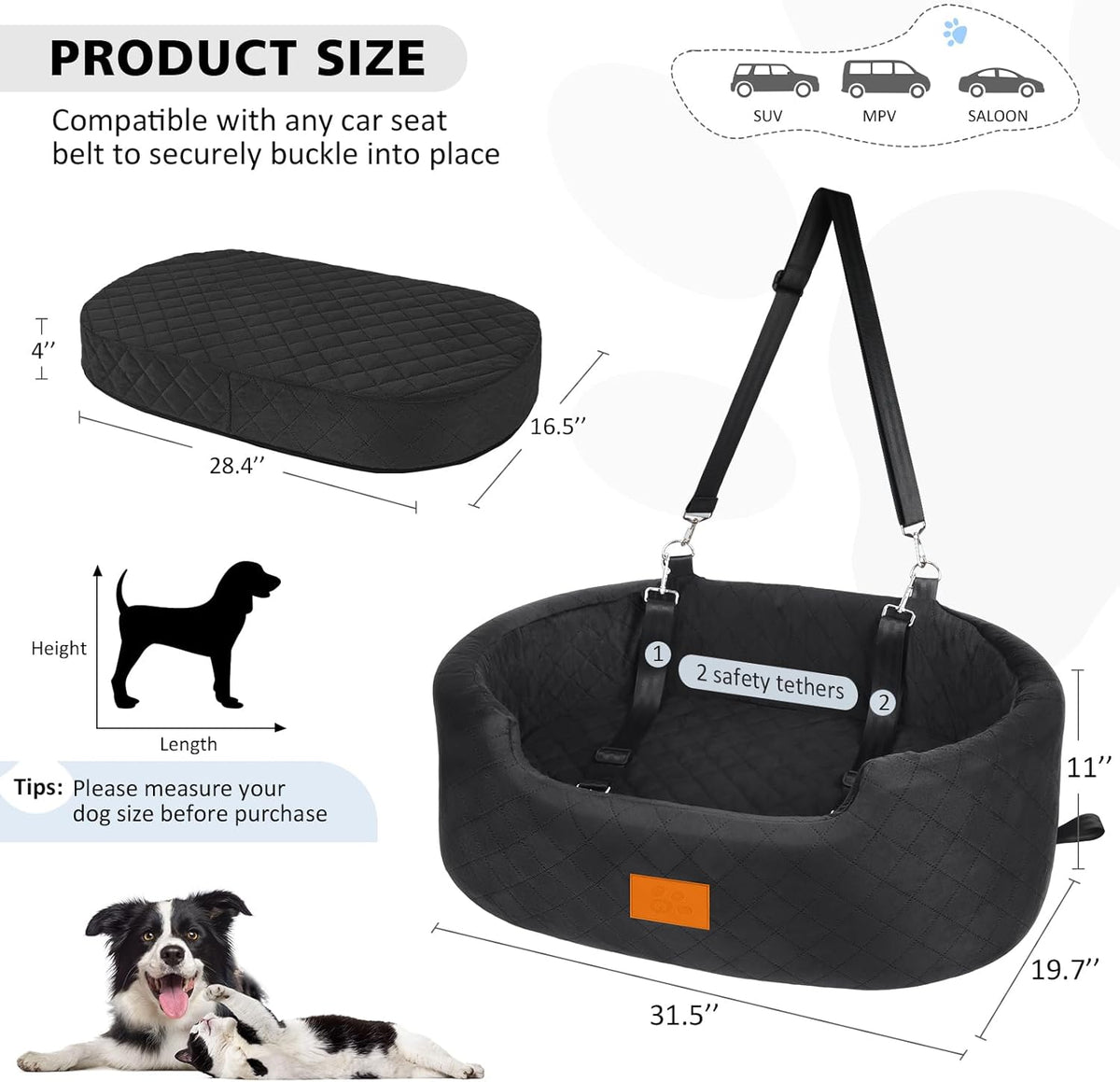 Dog Car Seat for Medium Dogs Up to 50 lbs, Pet Booster Seat for Cars SUVs and Trucks, Travel Dog Bed with Safety Strap, Thick Cushion, Non-Slip Base, Washable and Portable (Black)