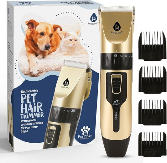 Pursonic Rechargeable Dog Clippers for Grooming – Professional Pet Clippers for Dogs & Cats, Quiet Pet Hair Trimmer with Adjustable Blades and Guide Combs