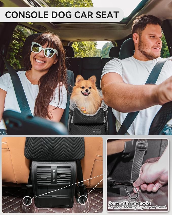 PETSFIT Dog Console Car Seat with Dual Adjustable Seat-Rail Anchor Hooks | Anti-Collapse Leather Armrest Booster Carseat with Safety Tether, Washable Cushion, Soft Pillow for Pets Under 8 lbs, Black