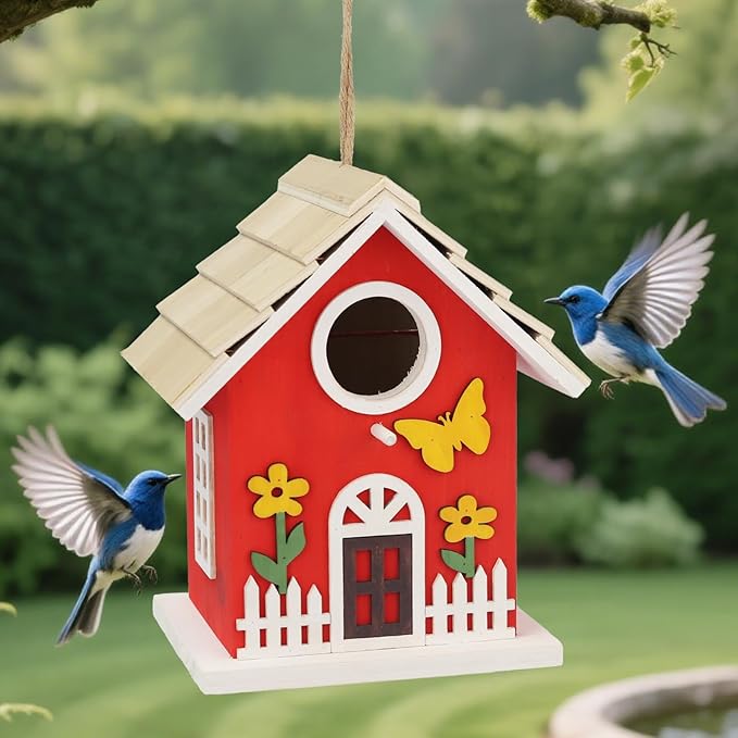 Wooden Bird Houses Bird House for Outside,Red Wood Bird House for Outdoors, Nesting Box with Sturdy Rope, Haing Bird Houses for Garden Blue Bird Hummingbird Wren Cardinal Swallow Sparrow Finch