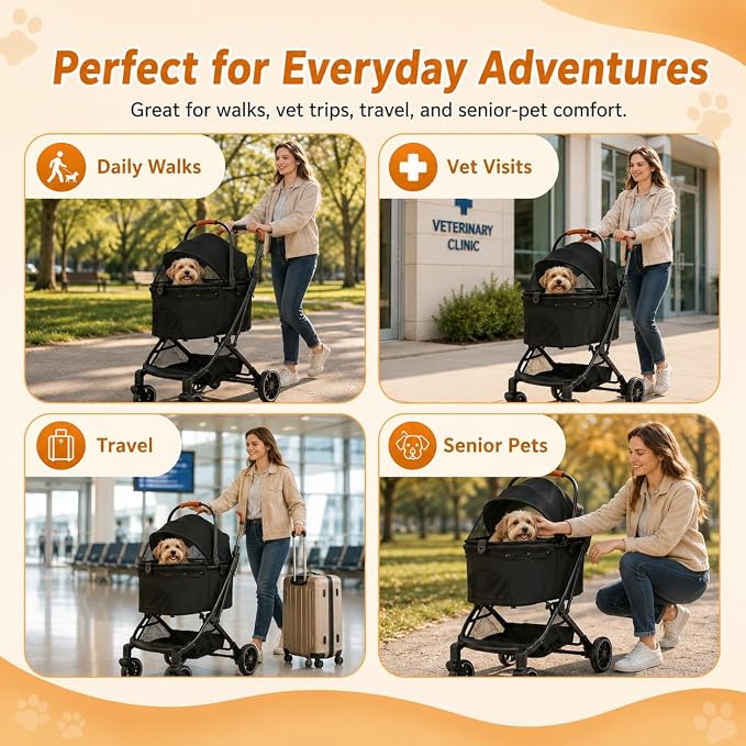 Pet Stroller for Small Dogs and Cats, Detachable Dog Cat Stroller with All-Terrain Shock Absorbing Wheels, One-Click Foldable Design, Adjustable Canopy (Khaki)