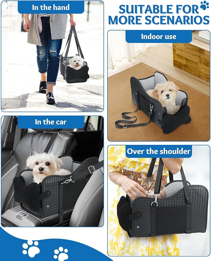 Center Console Dog Car Seat, Pet Car Seat, Armrest Middle Console Booster Travel Carrier for Small Dogs and Cats(Black Leather)